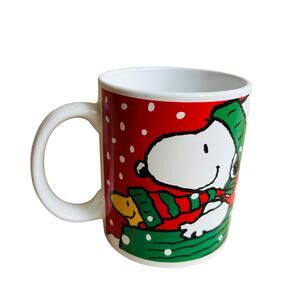 Vintage Peanuts Snoopy & Woodstock Coffee Mug Holiday Christmas Red Green